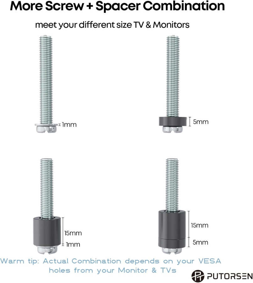PUTORSEN Juego de Tornillos VESA Universales para TV de hasta 90 Pulgadas (M4, M5, M6, M8) (Kit de hardware completo para soportes de pared y pie – Incluye espaciadores y arandelas.)