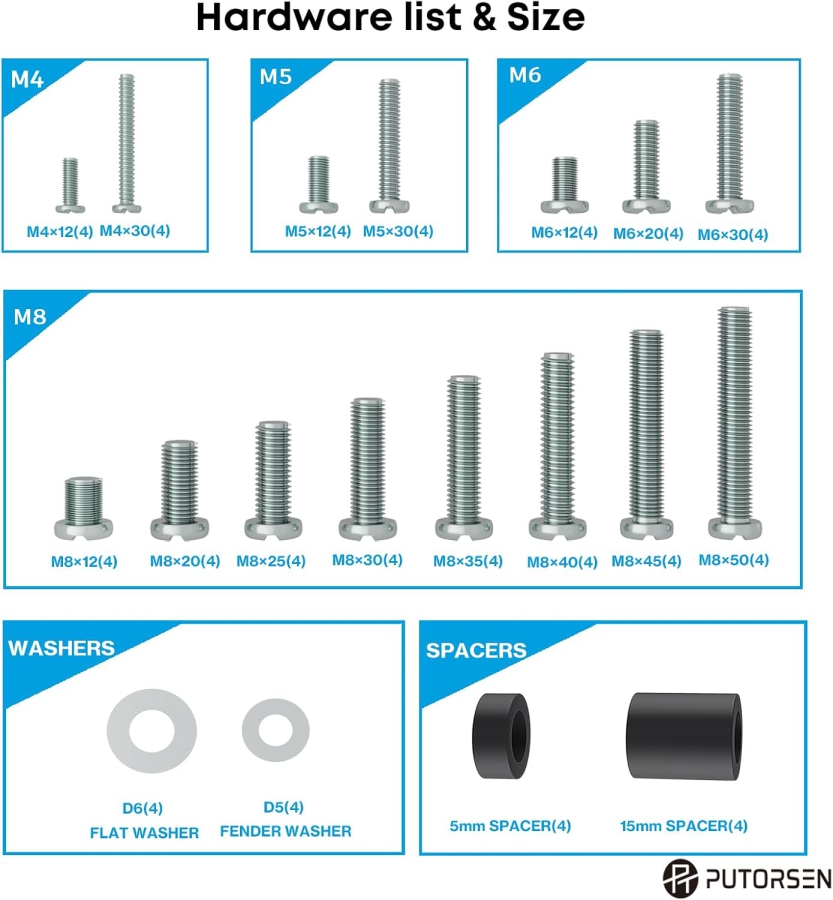 PUTORSEN Juego de Tornillos VESA Universales para TV de hasta 90 Pulgadas (M4, M5, M6, M8) (Kit de hardware completo para soportes de pared y pie – Incluye espaciadores y arandelas.)