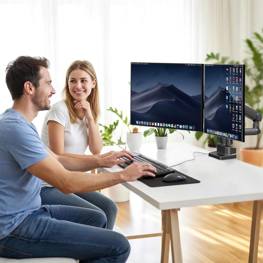 PUTORSEN Soporte de Escritorio para Doble Monitor para Pantallas de 17–35 Pulgadas (Soporte Ergonómico de Resorte de Gas para Dos Monitores de hasta 12 kg Cada Uno)