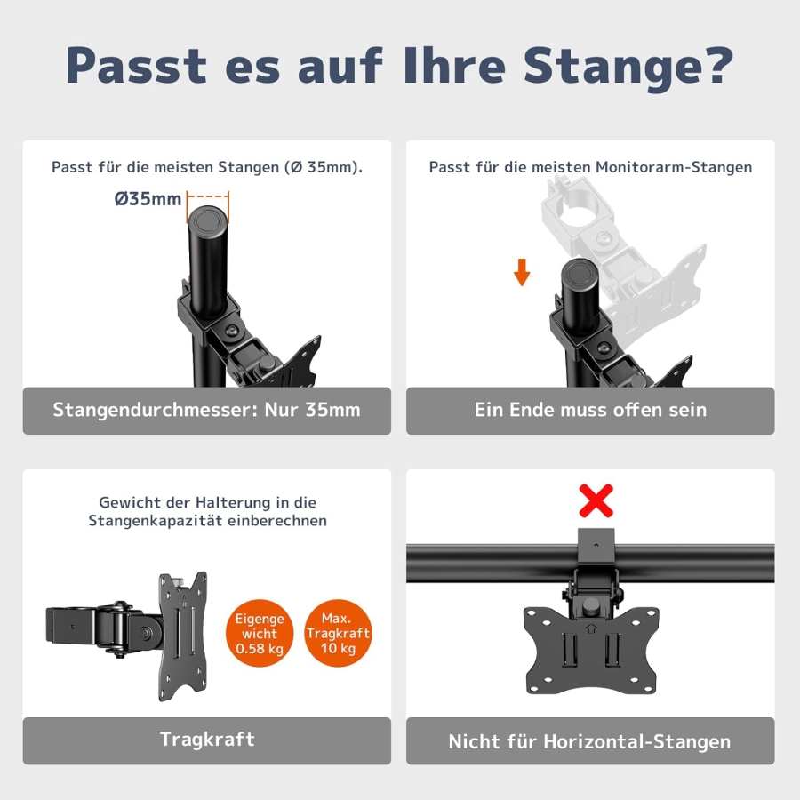 PUTORSEN Soporte Universal de Acero para Soportes de Monitor (17-32 Pulgadas, Mástil de 3,5 cm) (Brazo simple robusto hasta 10 kg – VESA 75x75/100x100 mm, Inclinable, Giratorio y Rotable 360°.)