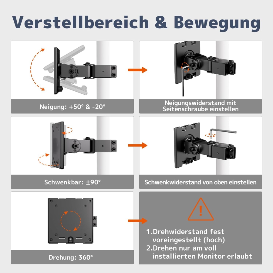 PUTORSEN Soporte Universal de Acero para Soportes de Monitor (17-32 Pulgadas, Mástil de 3,5 cm) (Brazo simple robusto hasta 10 kg – VESA 75x75/100x100 mm, Inclinable, Giratorio y Rotable 360°.)