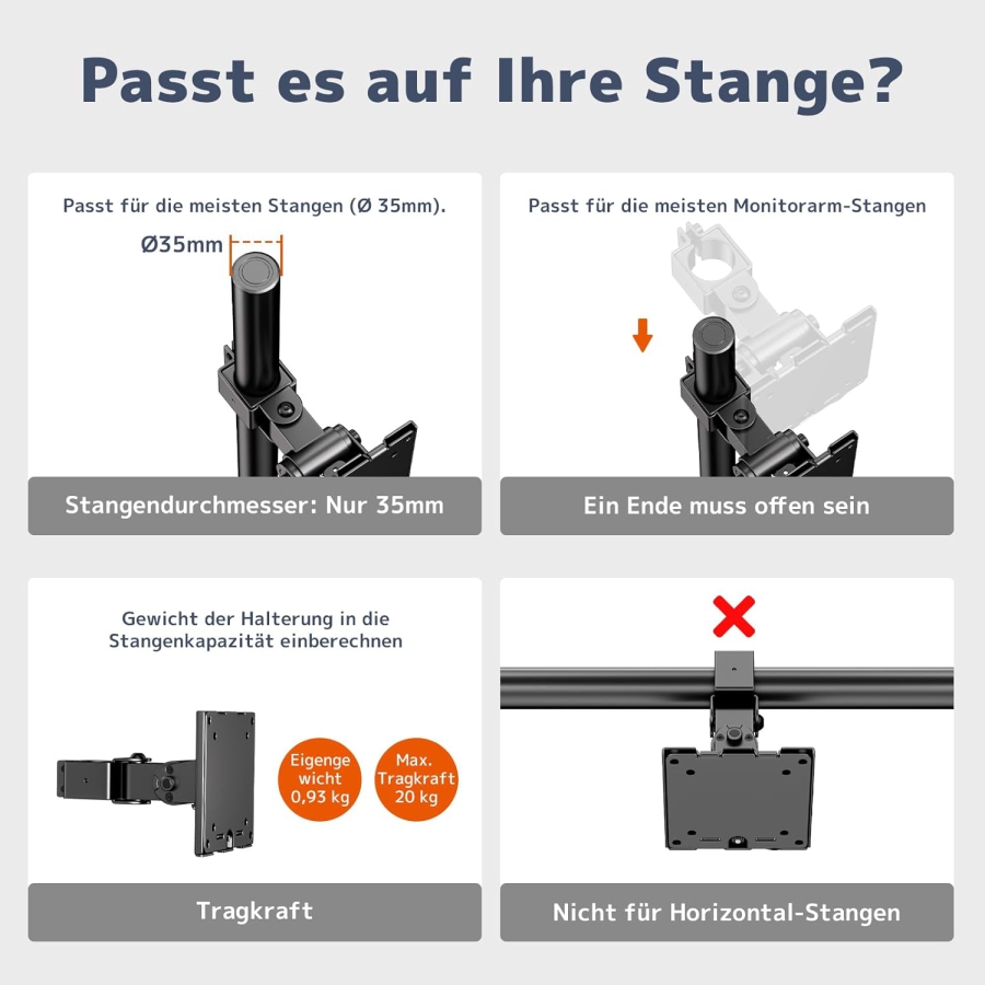 PUTORSEN Soporte Universal de Acero para Soportes de Monitor (17-32 Pulgadas, Mástil de 3,5 cm) (Brazo simple robusto hasta 10 kg – VESA 75x75/100x100 mm, Inclinable, Giratorio y Rotable 360°.)