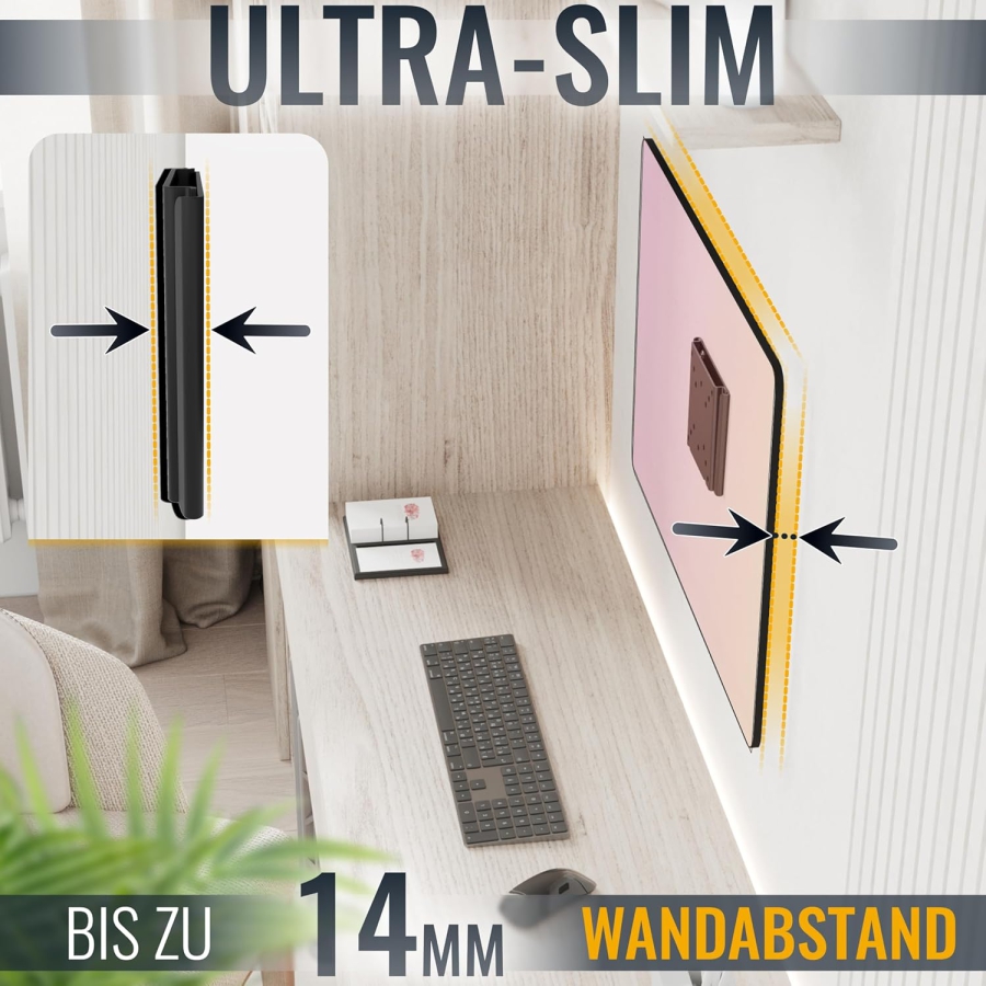 RICOO Monitorhalterung de Pared F0311 para 13-34 Pulgadas – Fija y Slim (14mm), VESA 75/100, hasta 30kg (Soporte de pared ultraplano para monitores de PC: diseño minimalista, estabilidad máxima y montaje sencillo.)
