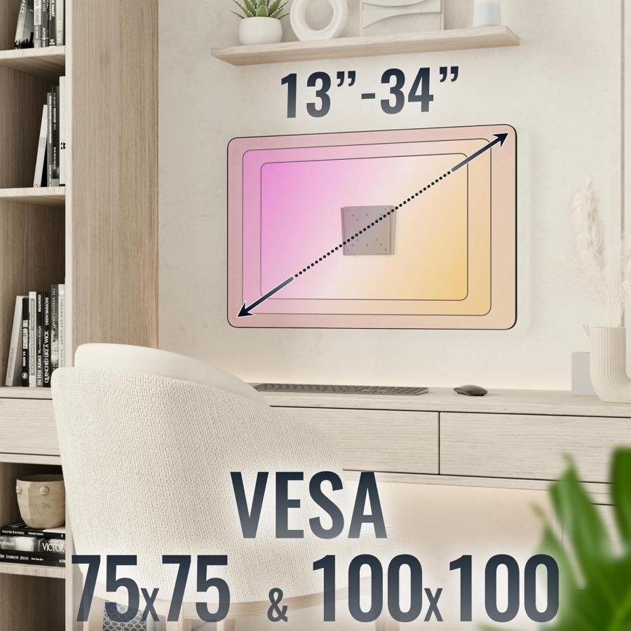 RICOO Monitorhalterung de Pared F0311 para 13-34 Pulgadas – Fija y Slim (14mm), VESA 75/100, hasta 30kg (Soporte de pared ultraplano para monitores de PC: diseño minimalista, estabilidad máxima y montaje sencillo.)