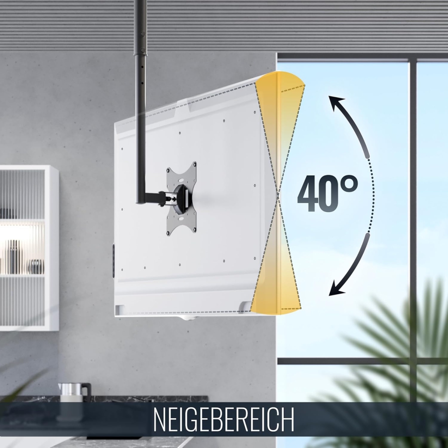 RICOO Soporte de Techo para Monitor y TV (D0322) para 32–55 Pulgadas (Soporte de techo flexible: Giratorio, Inclinable y Ajustable en altura hasta 20 kg – VESA máx. 200x200 mm.)