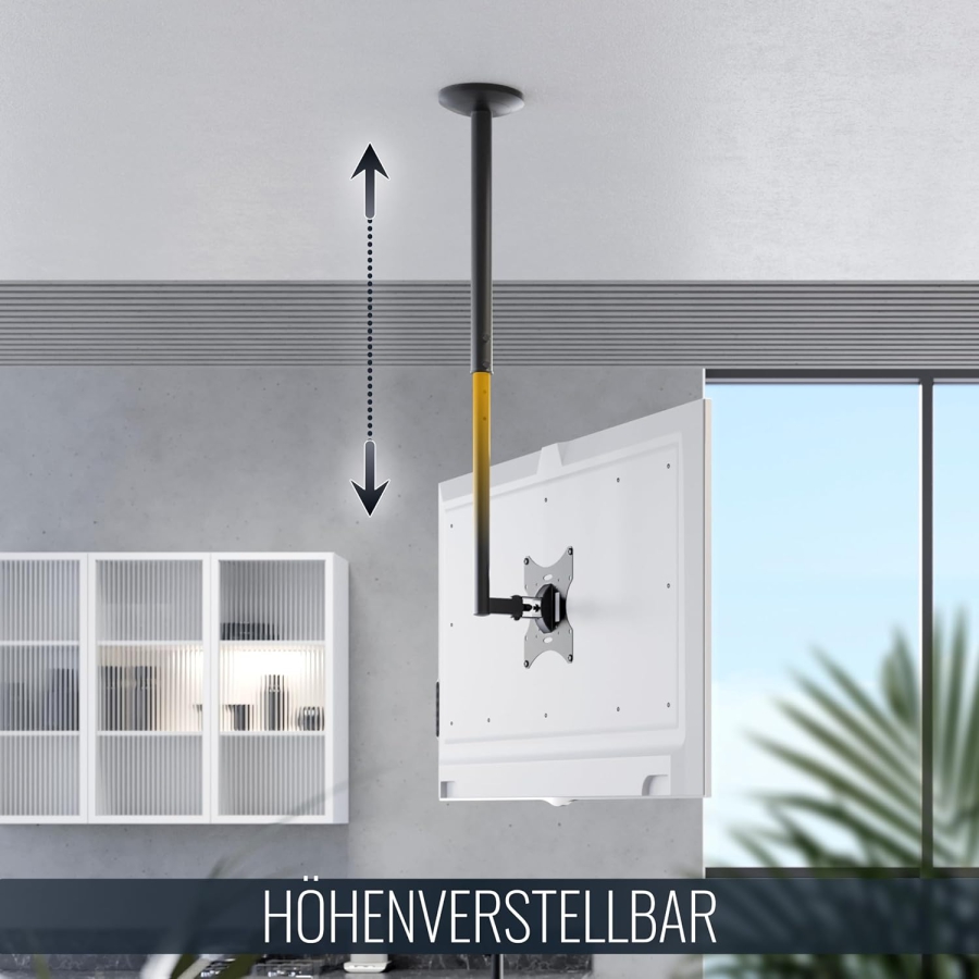 RICOO Soporte de Techo para Monitor y TV (D0322) para 32–55 Pulgadas (Soporte de techo flexible: Giratorio, Inclinable y Ajustable en altura hasta 20 kg – VESA máx. 200x200 mm.)