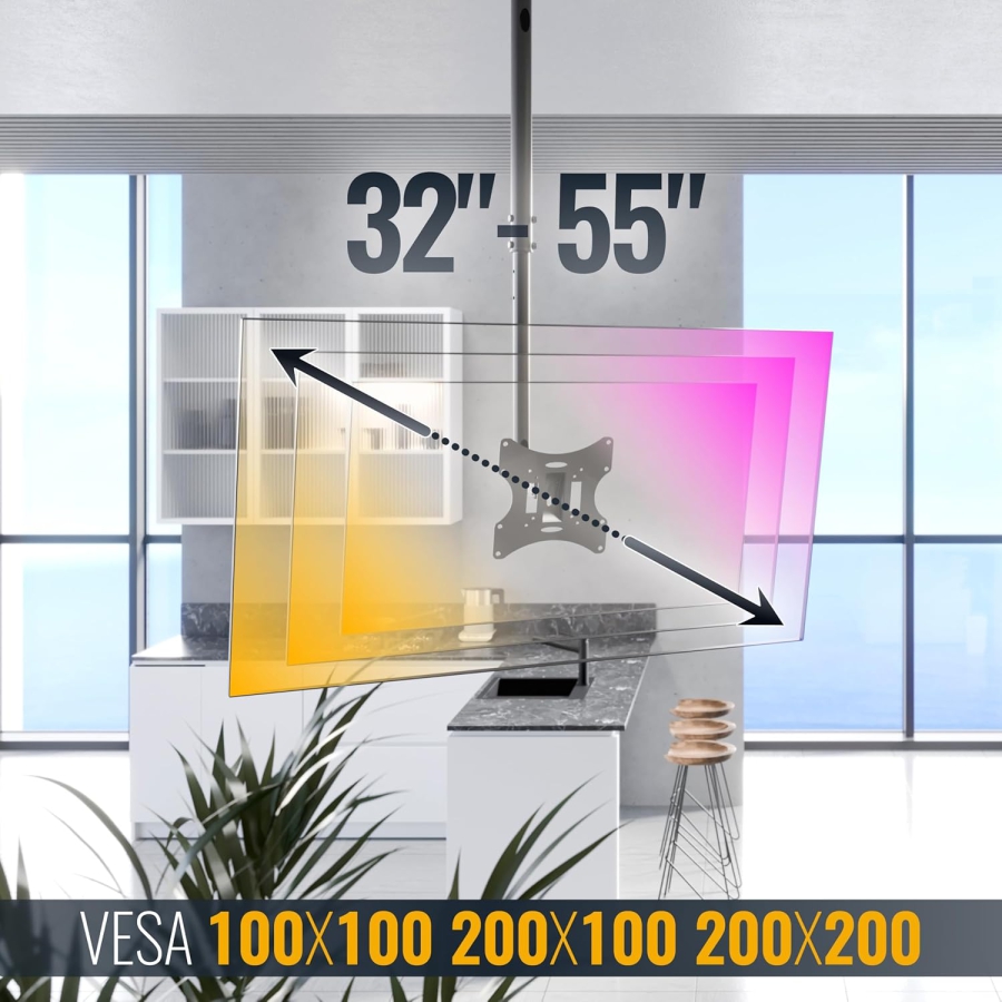 RICOO Soporte de Techo para Monitor y TV (D0322) para 32–55 Pulgadas (Soporte de techo flexible: Giratorio, Inclinable y Ajustable en altura hasta 20 kg – VESA máx. 200x200 mm.)