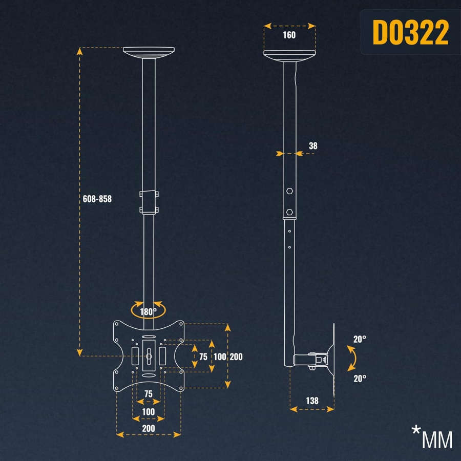 RICOO Soporte de Techo para Monitor y TV (D0322) para 32–55 Pulgadas (Soporte de techo flexible: Giratorio, Inclinable y Ajustable en altura hasta 20 kg – VESA máx. 200x200 mm.)