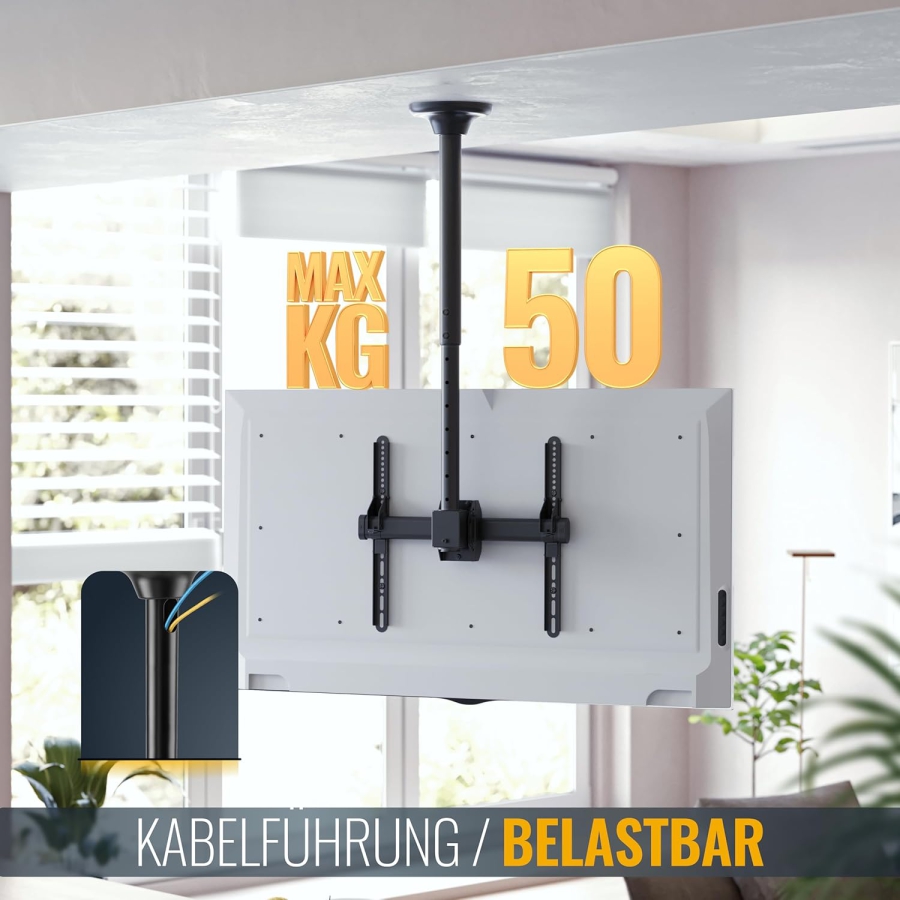 RICOO Soporte de Techo para TV (D0244) para Televisores de 32–55 Pulgadas (Robusto soporte de techo con hasta 50 kg de capacidad de carga – Giratorio 360°, Inclinable y Ajustable en altura.)