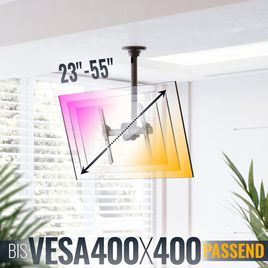 RICOO Soporte de Techo para TV (D0244) para Televisores de 32–55 Pulgadas (Robusto soporte de techo con hasta 50 kg de capacidad de carga – Giratorio 360°, Inclinable y Ajustable en altura.)