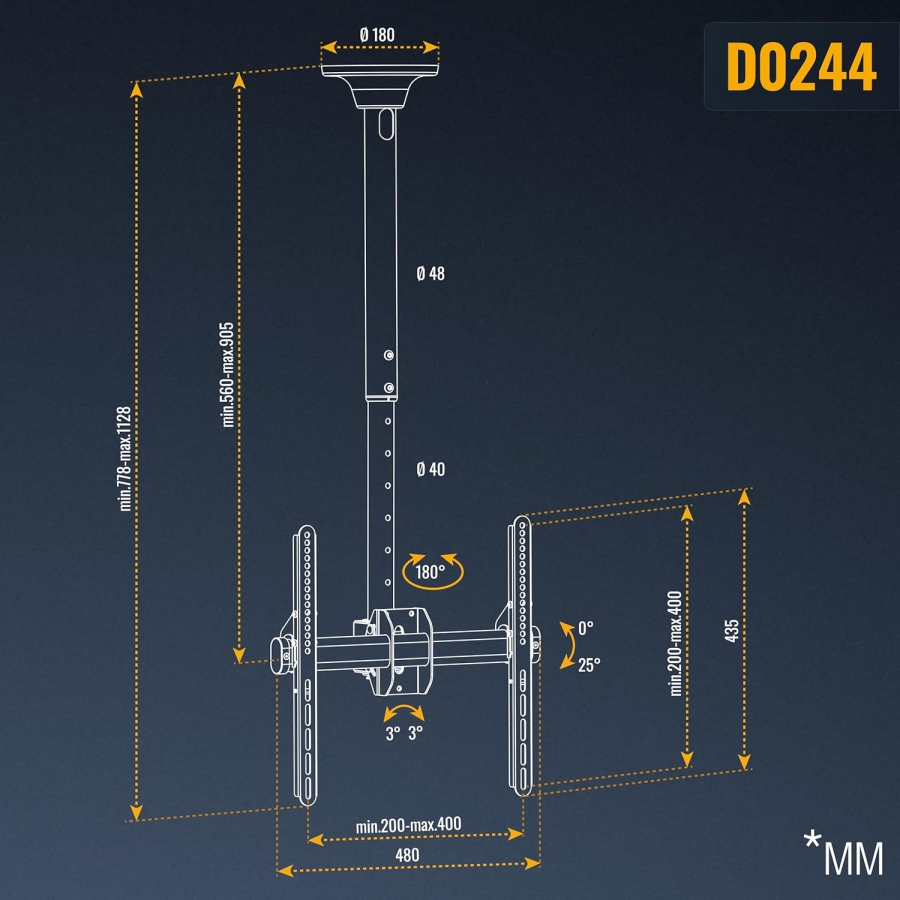 RICOO Soporte de Techo para TV (D0244) para Televisores de 32–55 Pulgadas (Robusto soporte de techo con hasta 50 kg de capacidad de carga – Giratorio 360°, Inclinable y Ajustable en altura.)