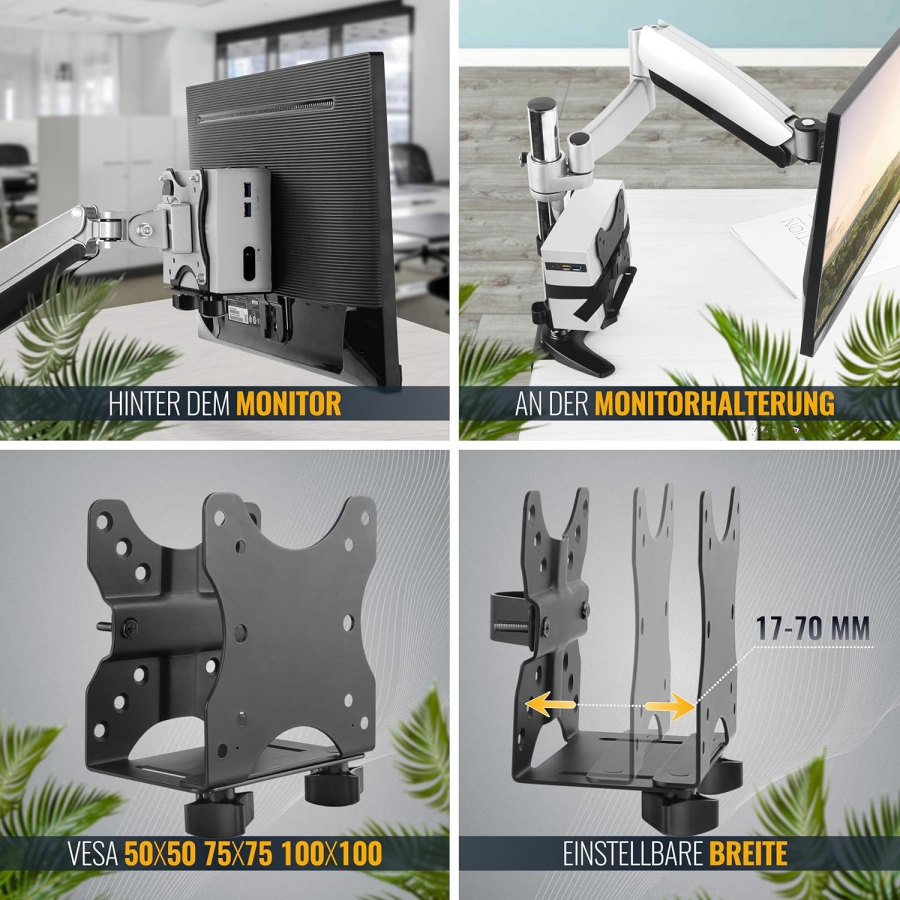 RICOO Soporte Universal para Mini PC (TRH-01) para VESA, Pared y Bajo Mesa (Soporte de acero ajustable para Thin Clients e Intel NUC (17–70 mm) hasta 5 kg – Incl. correa de seguridad)