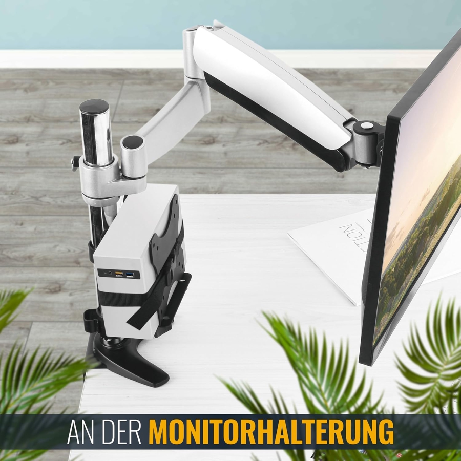 RICOO Soporte Universal para Mini PC (TRH-01) para VESA, Pared y Bajo Mesa (Soporte de acero ajustable para Thin Clients e Intel NUC (17–70 mm) hasta 5 kg – Incl. correa de seguridad)