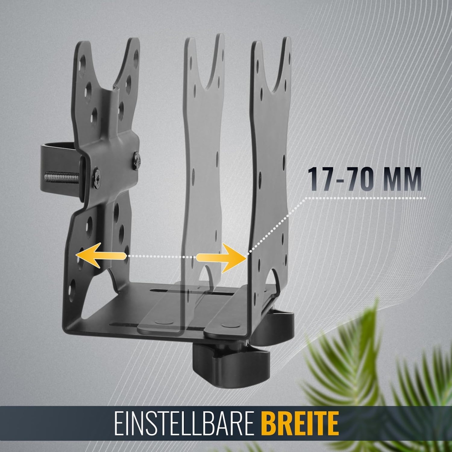 RICOO Soporte Universal para Mini PC (TRH-01) para VESA, Pared y Bajo Mesa (Soporte de acero ajustable para Thin Clients e Intel NUC (17–70 mm) hasta 5 kg – Incl. correa de seguridad)