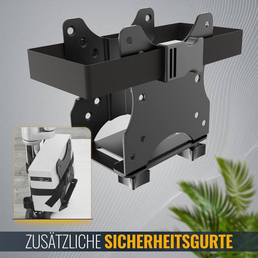 RICOO Soporte Universal para Mini PC (TRH-01) para VESA, Pared y Bajo Mesa (Soporte de acero ajustable para Thin Clients e Intel NUC (17–70 mm) hasta 5 kg – Incl. correa de seguridad)
