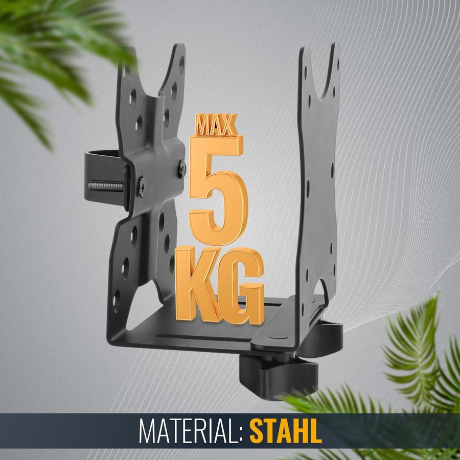 RICOO Soporte Universal para Mini PC (TRH-01) para VESA, Pared y Bajo Mesa (Soporte de acero ajustable para Thin Clients e Intel NUC (17–70 mm) hasta 5 kg – Incl. correa de seguridad)