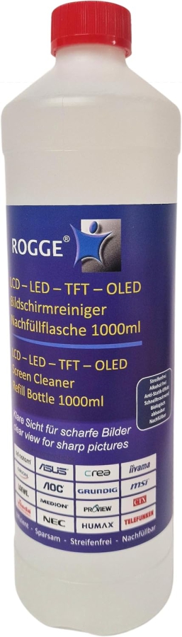 ROGGE 1l Botella de Recarga de Limpiador de Pantallas – El Original desde 1998 para todas las pantallas (Limpieza profesional sin rayas para monitores, TV y vidrio – Suave, rendidor y sin ingredientes agresivos.)