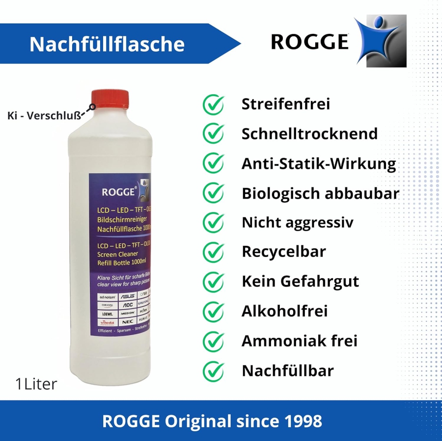 ROGGE 1l Botella de Recarga de Limpiador de Pantallas – El Original desde 1998 para todas las pantallas (Limpieza profesional sin rayas para monitores, TV y vidrio – Suave, rendidor y sin ingredientes agresivos.)