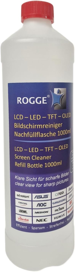 ROGGE 1l Botella de Recarga de Limpiador de Pantallas – El Original desde 1998 para todas las pantallas (Limpieza profesional sin rayas para monitores, TV y vidrio – Suave, rendidor y sin ingredientes agresivos.)