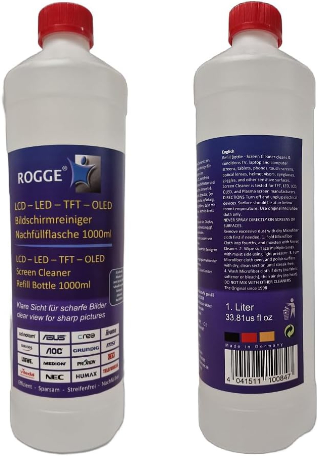ROGGE 1l Botella de Recarga de Limpiador de Pantallas – El Original desde 1998 para todas las pantallas (Limpieza profesional sin rayas para monitores, TV y vidrio – Suave, rendidor y sin ingredientes agresivos.)