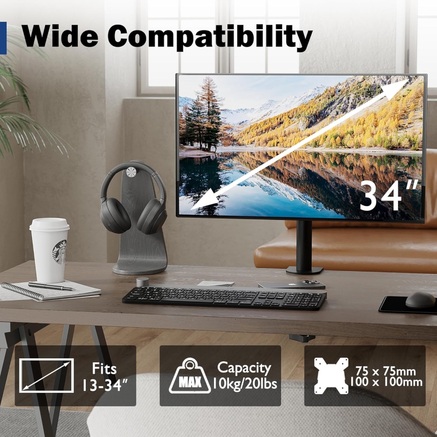 Soporte para monitor BONTEC, soporte de mesa para pantallas de 13 a 34 pulgadas, totalmente móvil, diseño ergonómico, ajuste de altura, para uso en juegos y oficina, soporta hasta 10 kg, compatible con VESA 75/100.