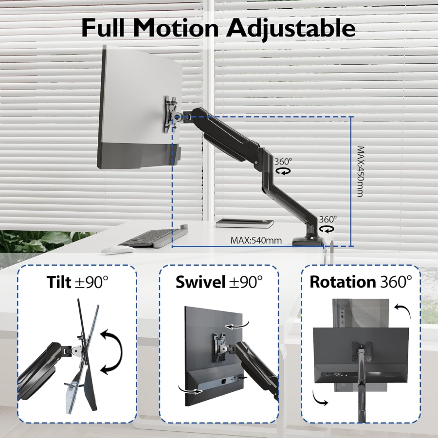 Soporte para monitor BONTEC para pantallas de 13-32 pulgadas. Soporta entre 3 y 9 kg, brazo con resorte de gas, inclinable, giratorio, soporte ergonómico para monitor 1 con guía para cables, VESA 75/100 mm.