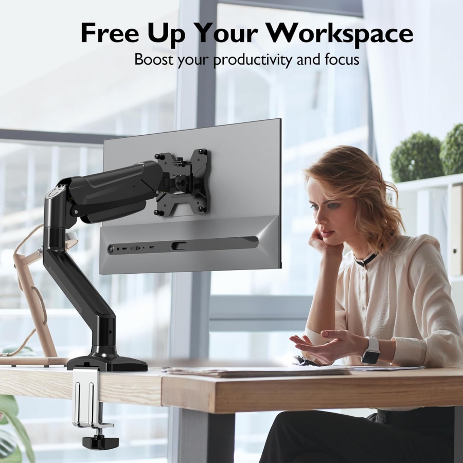 Soporte para monitor BONTEC para pantallas de 13-32 pulgadas. Soporta entre 3 y 9 kg, brazo con resorte de gas, inclinable, giratorio, soporte ergonómico para monitor 1 con guía para cables, VESA 75/100 mm.