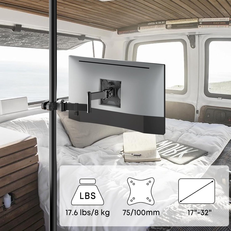 Soporte VESA Universal de Mástil para Pantallas de 17-32 Pulgadas (Ø 28-60 mm) (Brazo articulado flexible para ampliación – Hasta 8 kg de carga, Inclinable, Giratorio y Rotable 360°.)