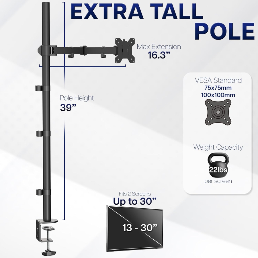 VIVO Brazo para Monitor 13–32" | Barra de 99 cm (Solución Ergonómica para Puestos de Trabajo Sentado-De Pie: Columna de 1010 mm para Ajuste Flexible de Altura de hasta 10 kg)