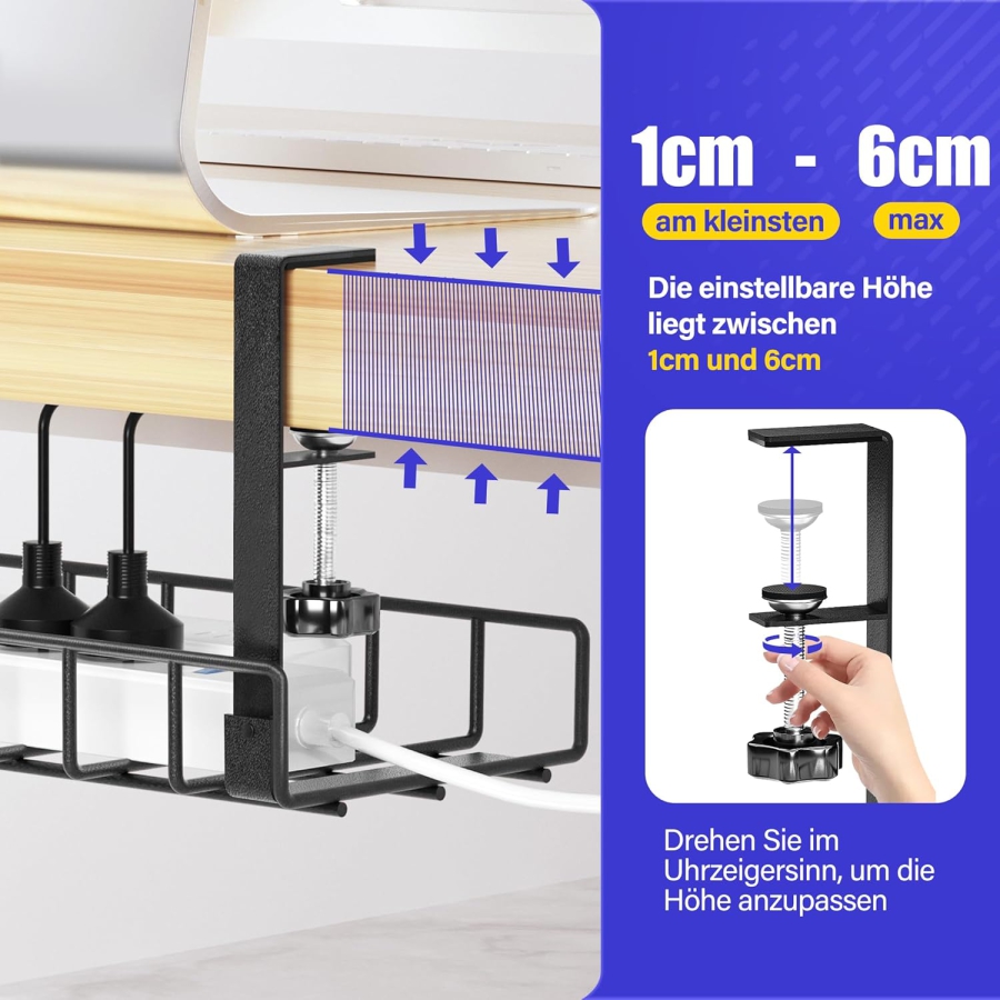 Xpatee Gestión de Cables Sin Taladrar – Canaleta para Cables de Escritorio con Abrazadera (Negro) (Bandeja de cables de metal robusta (40 cm) con abrazaderas en C – Sin tornillos – Para tableros de 1–6 cm de grosor – Incl. accesorios.)