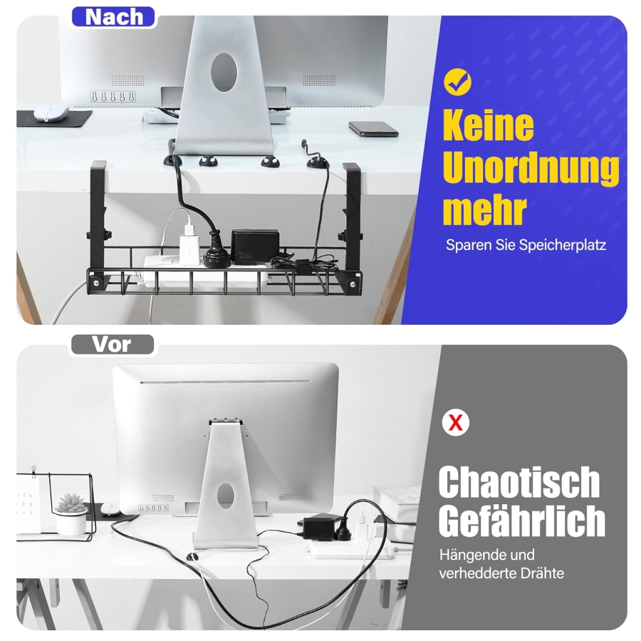 Xpatee Gestión de Cables Sin Taladrar – Canaleta para Cables de Escritorio con Abrazadera (Negro) (Bandeja de cables de metal robusta (40 cm) con abrazaderas en C – Sin tornillos – Para tableros de 1–6 cm de grosor – Incl. accesorios.)