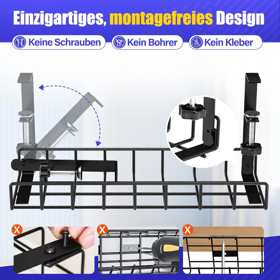 Xpatee Gestión de Cables Sin Taladrar – Canaleta para Cables de Escritorio con Abrazadera (Negro) (Bandeja de cables de metal robusta (40 cm) con abrazaderas en C – Sin tornillos – Para tableros de 1–6 cm de grosor – Incl. accesorios.)