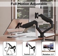Soporte para monitor BONTEC para 2 monitores de 13-32 pulgadas, soporte ergonómico con brazo de resorte de gas, soporta 3-9 kg con gestión de cables, inclinable, giratorio, VESA 75/100 mm.